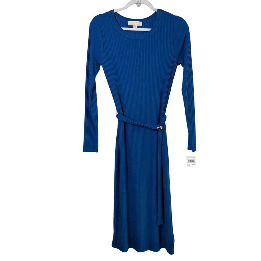 Michael Kors Ribbed Knit Midi Dress Size S‎ Blue Long Sleeve Belted Office NWT